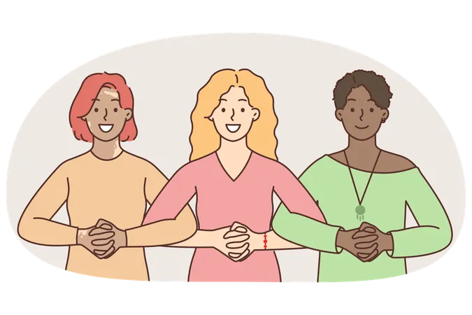 Mulheres multirraciais sorridentes de mãos dadas demonstram união e apoio  Ilustração