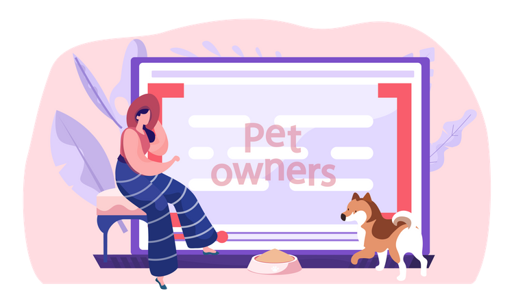 Mulheres perto da tela do computador com tutorial sobre como manter cachorros em casa  Ilustração