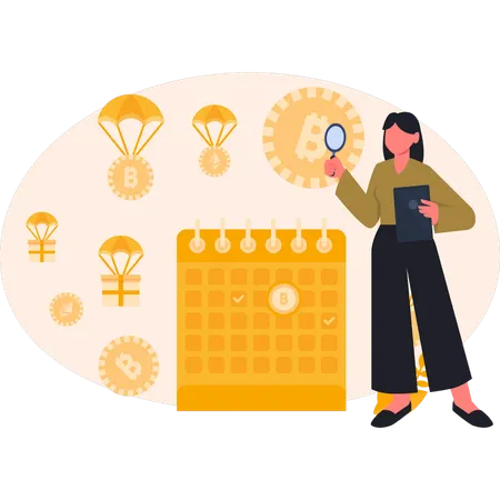 Mulheres procurando bitcoin no calendário  Ilustração