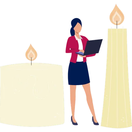 Mulheres pesquisando sobre velas no laptop  Ilustração