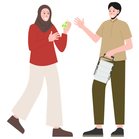Mulheres segurando ketupat e homem segurando recipiente de comida  Ilustração