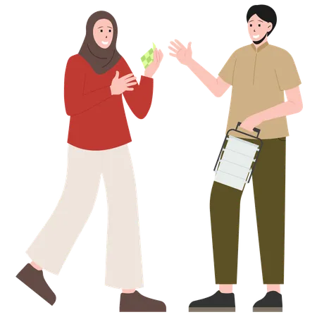 Mulheres segurando ketupat e homem segurando recipiente de comida  Ilustração