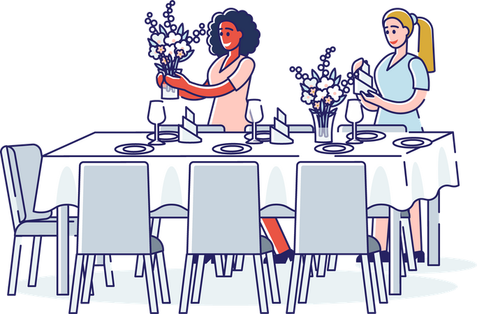 Mulheres servindo mesa preparando flores elegantes para jantar ou banquete de luxo  Ilustração