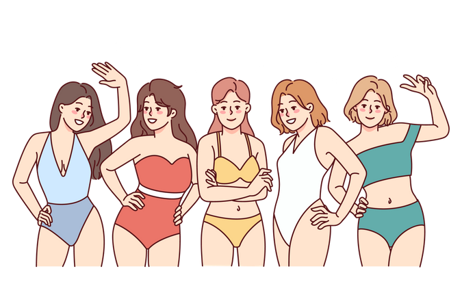 Senhoras sexy em pé e fazendo pose em traje de banho  Ilustração