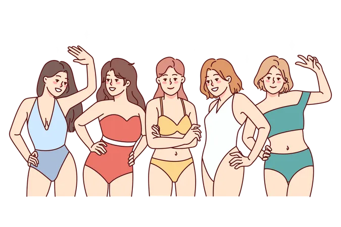 Senhoras sexy em pé e fazendo pose em traje de banho  Ilustração