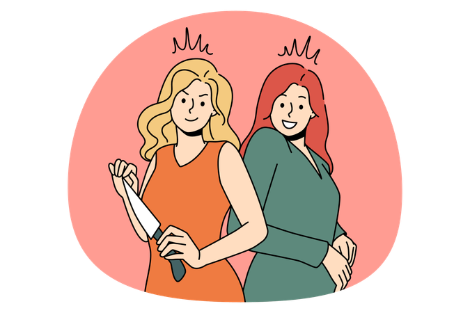 Mulheres sorridentes em pé segurando uma faca de cozinha, tentando afiar a faca de cozinha em suas mãos  Ilustração