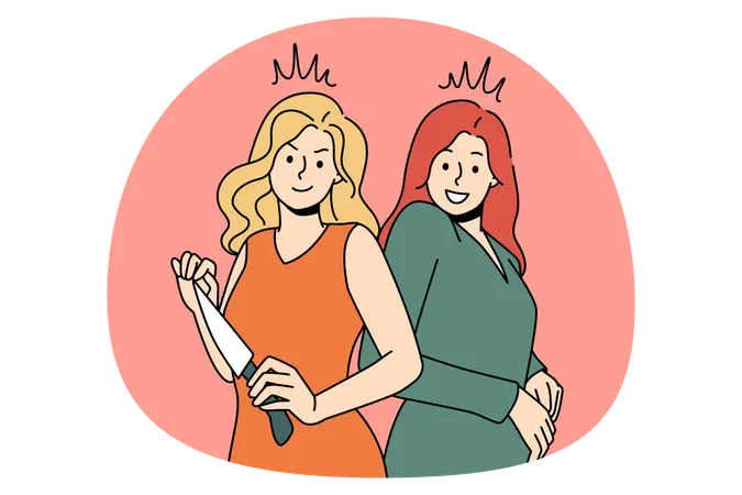 Mulheres sorridentes em pé segurando uma faca de cozinha, tentando afiar a faca de cozinha em suas mãos  Ilustração