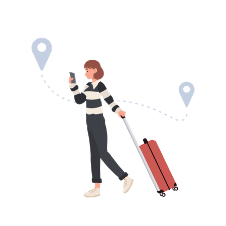 Turistas femininas com bagagem segurando um smartphone móvel com ponto de busca de GPS móvel  Ilustração