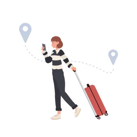 Turistas femininas com bagagem segurando um smartphone móvel com ponto de busca de GPS móvel  Ilustração