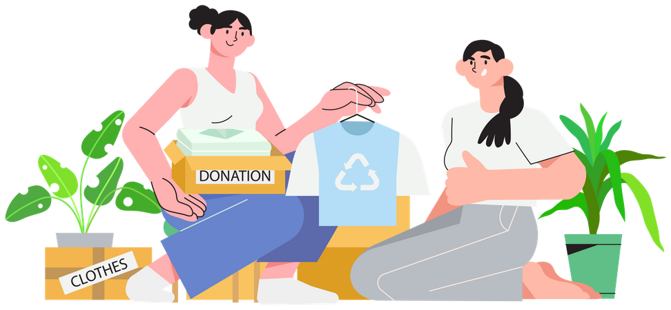 Mulheres voluntárias sentadas com caixas de doações e embalando roupas  Ilustração
