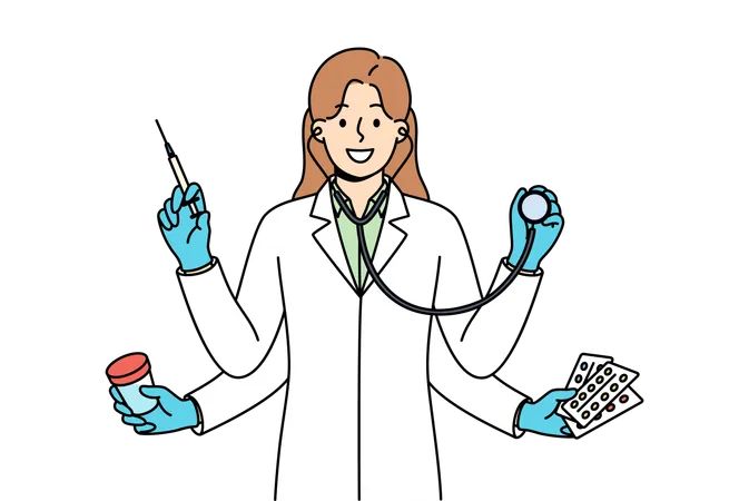Multi-armed woman doctor ready to simultaneously diagnose and treat patient who comes to clinic  Illustration