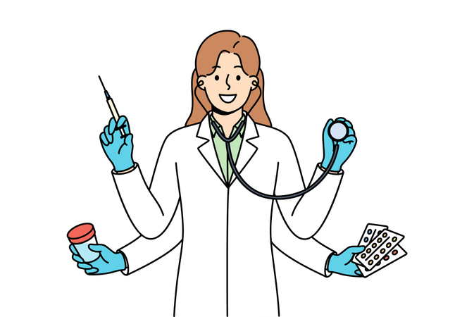 Multi-armed woman doctor ready to simultaneously diagnose and treat patient who comes to clinic Illustration