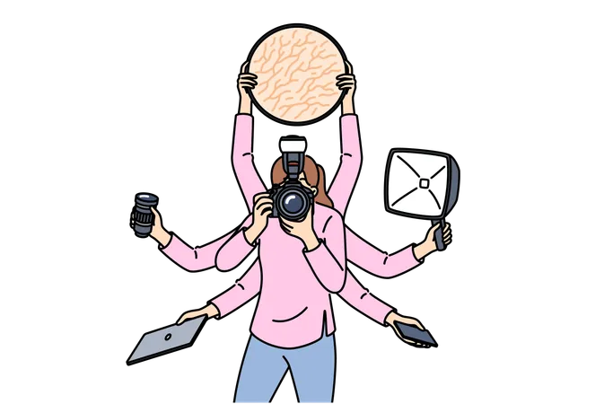 Multi Armed Woman Photographer Does Several Things At Same Time Due To Lack Of Assistant Or Problems With Planning Professional Photographer Multitasking During Photo Shoot To Increase Productivity Illustration