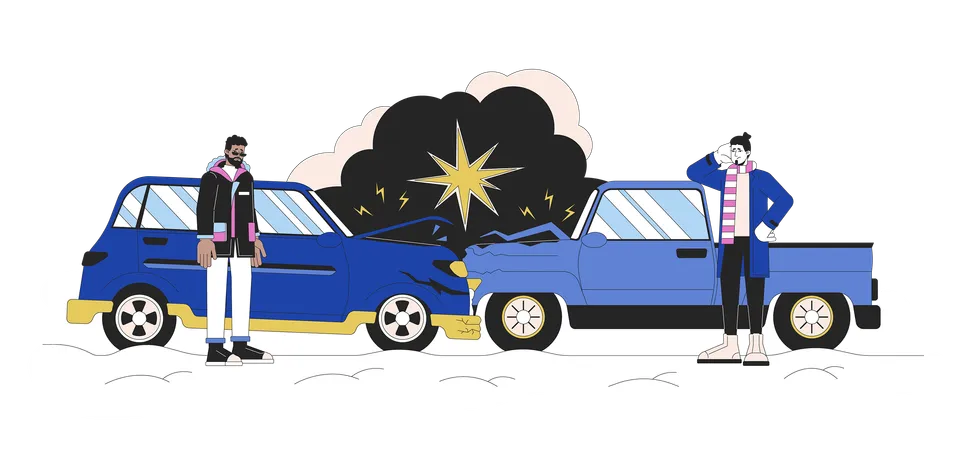 Multi Vehicle Accident During Winter Storm Line Cartoon Flat Illustration Blizzard Car Crashing Drivers 2 D Lineart Characters Isolated On White Background Traffic Collision Scene Vector Color Image イラスト