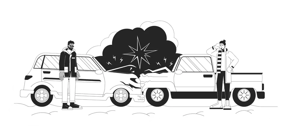 Multi Vehicle Accident During Winter Storm Black And White Cartoon Flat Illustration Blizzard Car Crashing Drivers 2 D Lineart Characters Isolated Traffic Collision Monochrome Vector Outline Image イラスト