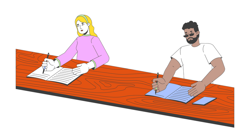 Multicultural college classmates writing lectures  Illustration