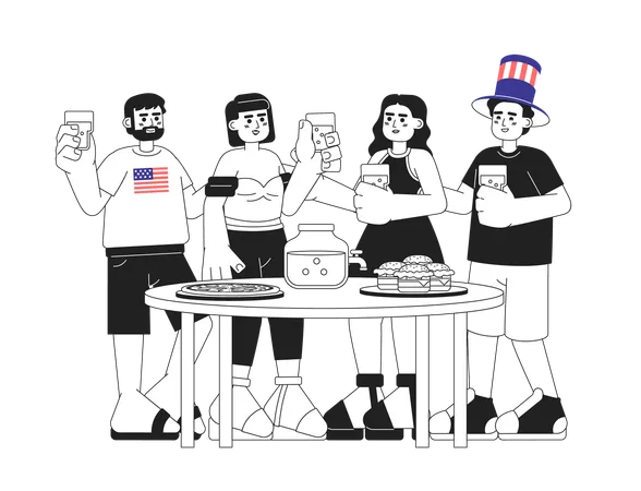 Independence Day Party Monochrome Vector Spot Illustration Multicultural Friends Celebrating Happy 4th July 2 D Flat Bw Cartoon Characters For Web UI Design Isolated Editable Hand Drawn Hero Image Illustration