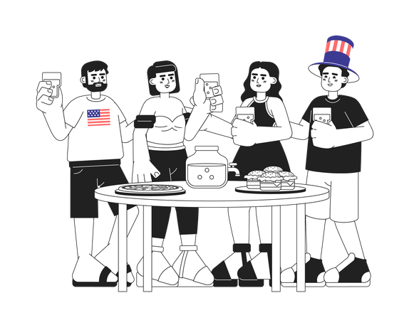 Multicultural friends celebrating USA Independence day party  Illustration