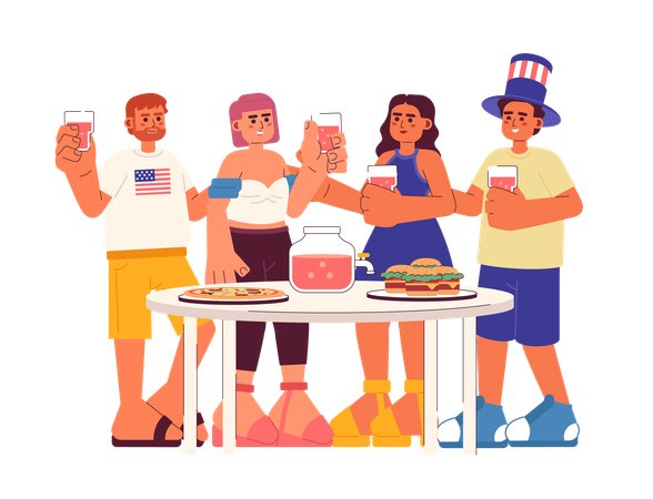 Multicultural friends celebrating USA Independence day party  Illustration