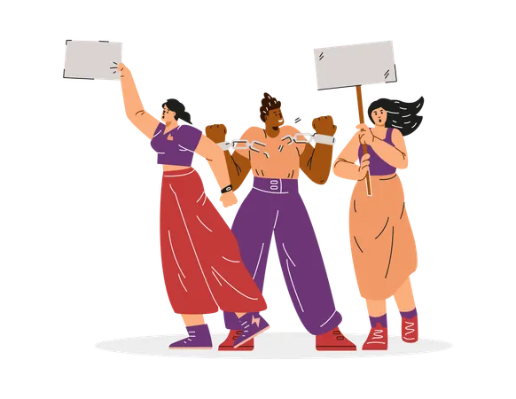 Multicultural people demonstration with agitation posters  Illustration