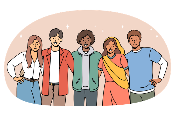 Multicultural smiling friends pose hug together  Illustration