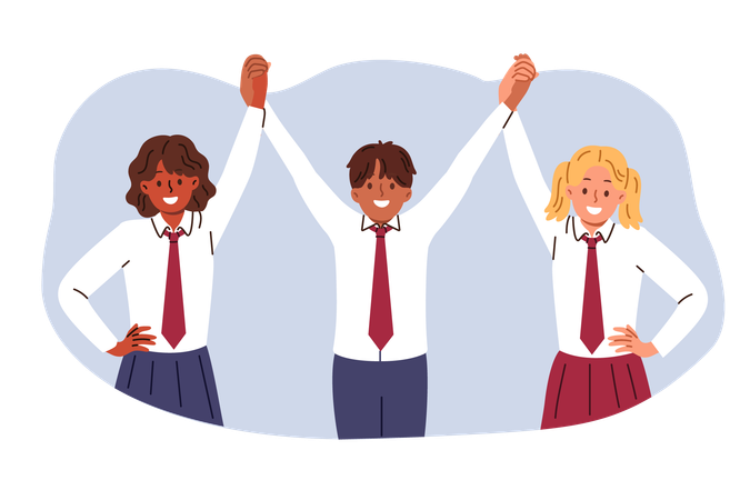 Multiethnic children raise hands in unison rejoicing at absence of racial discrimination  Illustration