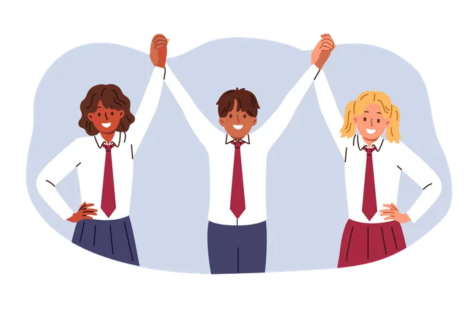 Multiethnic Children Raise Hands In Unison Rejoicing At Absence Of Racial Discrimination In Receiving Primary Education Happy Junior School Students Celebrate Joint Victory In Education Olympiad Illustration