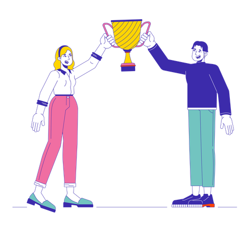 Multiethnic colleagues raising up champion trophy  Illustration