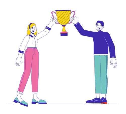 Multiethnic colleagues raising up champion trophy  Illustration