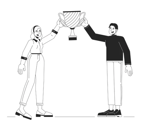Achievement Black And White Cartoon Flat Illustration Winners Reward Multiethnic Colleagues Raising Up Champion Bowl 2 D Lineart Characters Isolated Success Celebration Scene Vector Color Image Illustration