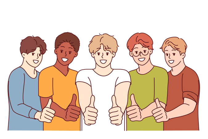 Multiethnic men students show thumbs up as sign confirming absence interracial problems in society  Illustration