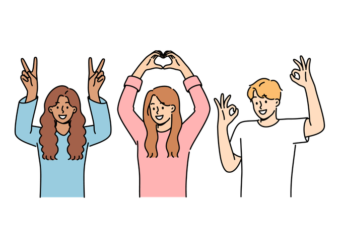 Multiethnic people students smiling showing approval gestures and raising hands up  Illustration