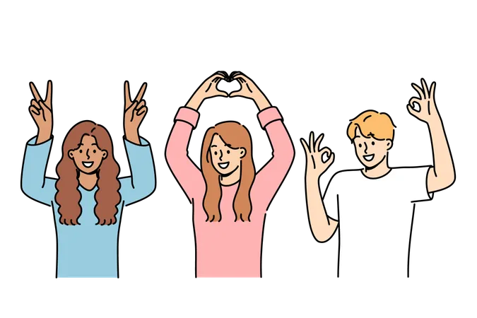 Multiethnic People Students Smiling Showing Approval Gestures And Raising Hands Up Happy Guy And Two Students Girls Rejoice At Having Multiracial Friends And Lack Of Discrimination In Society Illustration
