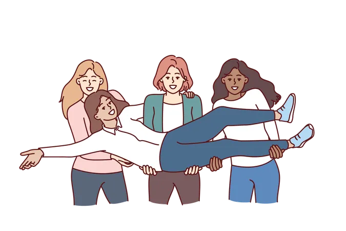 Multiethnic Women Students Raise Classmate In Arms To Congratulate On Educational Achievements And Take Memorable Photo Cheerful Multiethnic Girls Get Pleasure From Lack Of Disagreement Illustration
