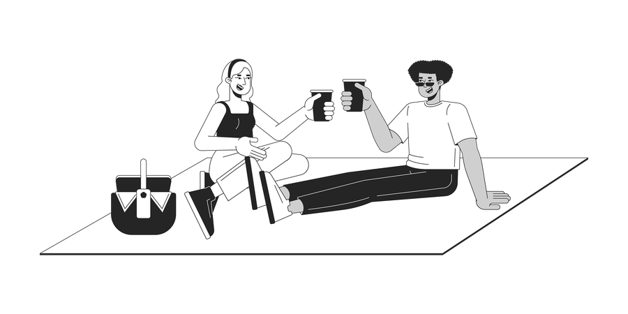 Multiethnische Freunde genießen Picknick  Illustration