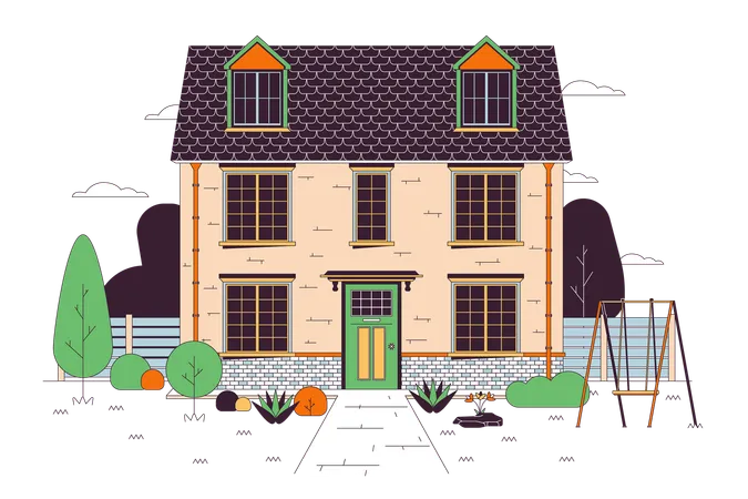Multifamily Home With Swing Green Yard Line Cartoon Flat Illustration Family Dwelling Front View Building Exterior 2 D Lineart Object Isolated On White Background Estate Scene Vector Color Image Illustration