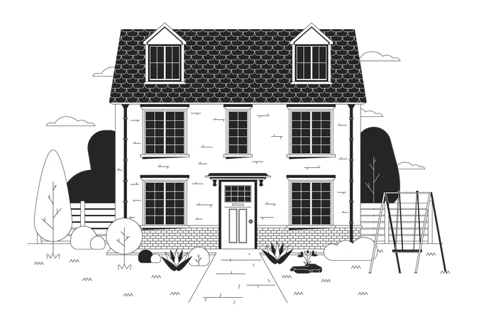 Multifamily Home With Swing Green Yard Black And White Cartoon Flat Illustration Family Dwelling Front Building Exterior 2 D Lineart Object Isolated Estate Monochrome Scene Vector Outline Image Illustration