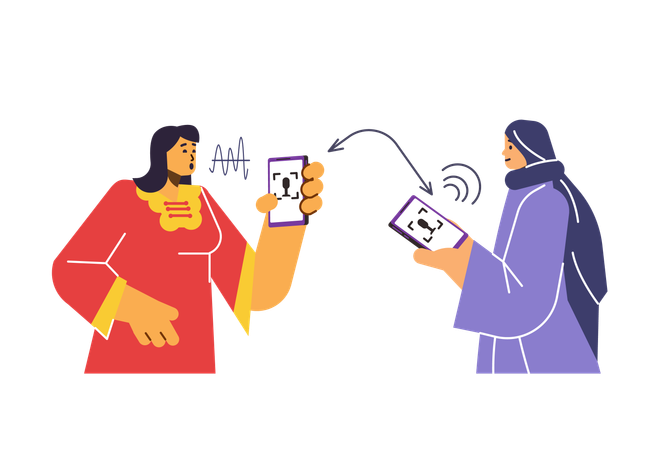 Multilingual communication between people using online translator app on smartphone  Illustration