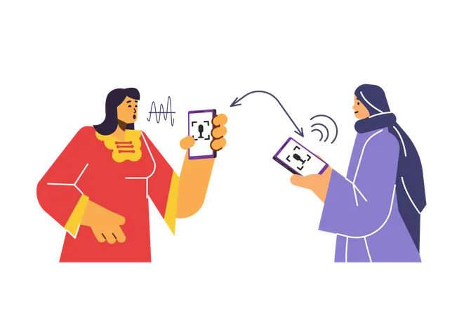 Multilingual communication between people using online translator app on smartphone  Illustration