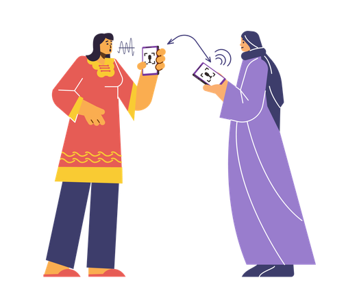 Multilingual communication between people using translator app on smartphone  Illustration
