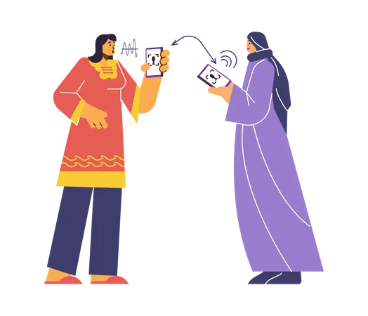Multilingual communication between people using translator app on smartphone  Illustration