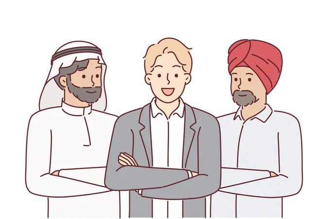 Multinational Business Team Of People From Different Cultures In National Arabic And Indian Clothes Successful Business People From Large International Corporation Stand Together With Arms Crossed Illustration