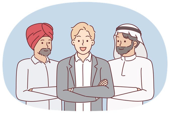 Multinational business team of people from different cultures in national Arabic and Indian clothes  Illustration