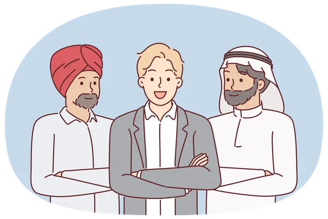 Multinational business team of people from different cultures in national Arabic and Indian clothes  Illustration