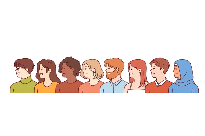 Multinational men and women of different races or religions stand in row demonstrating unity  Illustration