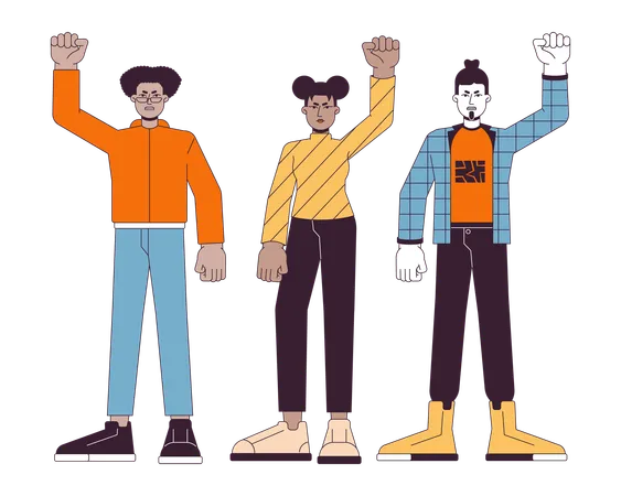 Multinational People Peaceful Demonstration Flat Line Color Vector Characters Raising Hand Editable Outline Full Body Person On White Protest Simple Cartoon Spot Illustration For Web Graphic Design Illustration