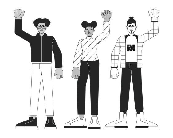 Multinational People Peaceful Demonstration Flat Line Black White Vector Characters Editable Outline Full Body Person Protest Simple Cartoon Isolated Spot Illustration For Web Graphic Design Illustration