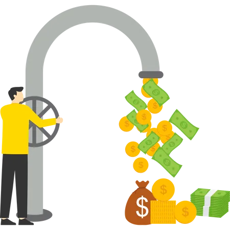 Multiple Income Stream Concept Passive Income Or Income From Investing Multiple Assets A Side Business To Make Money Concept Businessman Standing With Multi Cash Flow From Pipe To Piggy Bank Rich Illustration