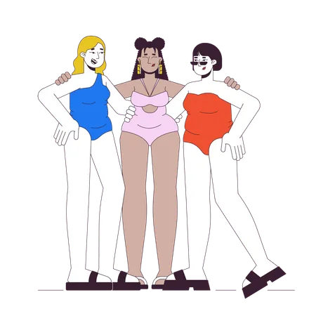 Multiracial Curvy Women Best Friends 2 D Linear Cartoon Characters Happy Obese Females In Swimsuits Isolated Line Vector People White Background Body Positive Color Flat Spot Illustration Illustration