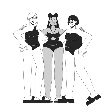 Multiracial Curvy Women Best Friends Black And White 2 D Line Cartoon Characters Happy Obese Females In Swimsuits Isolated Vector Outline People Body Positive Monochromatic Flat Spot Illustration Illustration